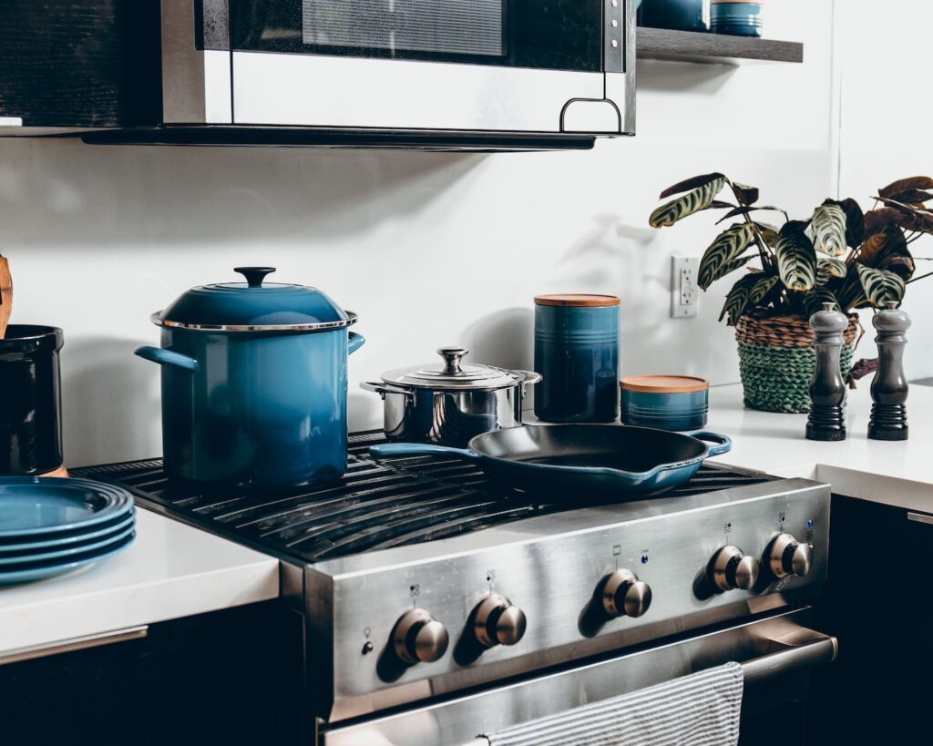 blue canister on a kitchen appliance